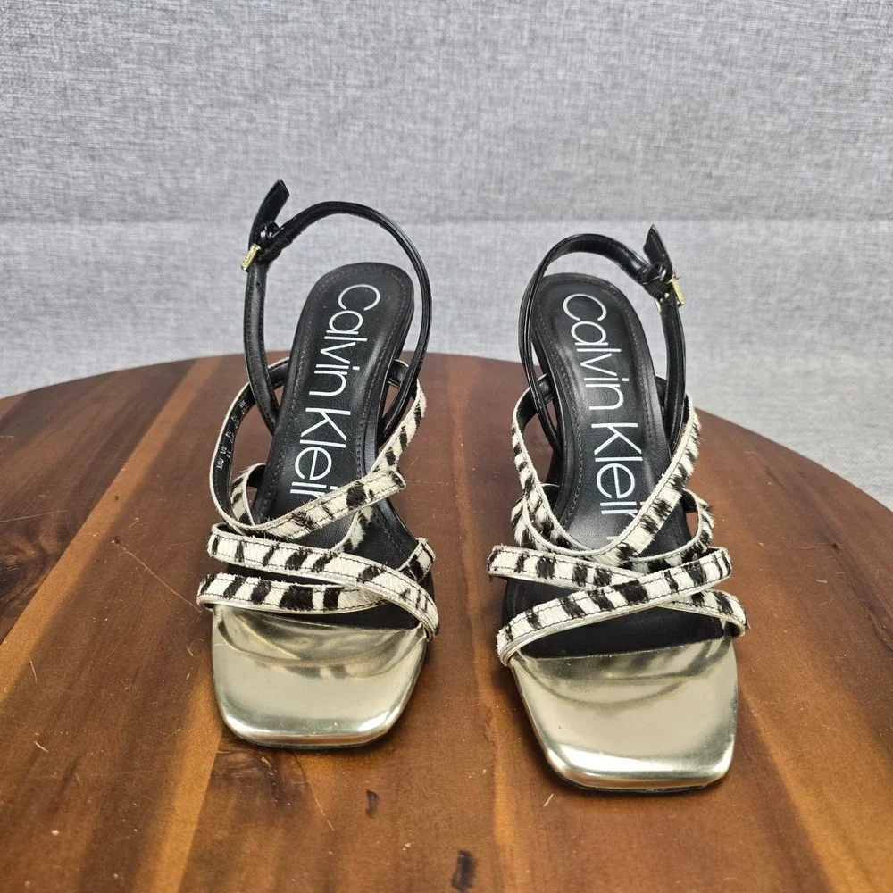 Calvin Klein Zebra Print Strappy Sandals Gold Square Toe Stiletto Heels 34E00014
